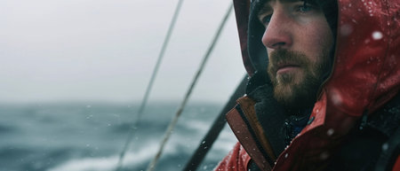 Man with a bear in a red jacket on the background of the sea and snowの素材