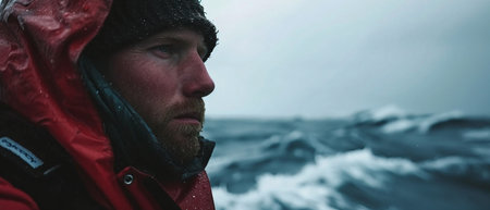 Portrait of a bearded man in a red jacket on the seashoreの素材