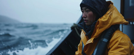 woman in yellow raincoat on a boat in the stormy seaの素材