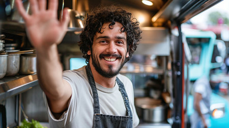 Portrait of a young man in apron smiling and waving hand while standing in front of food truckの素材