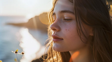 Portrait of a beautiful young girl with freckles on her face against the background of the seaの素材