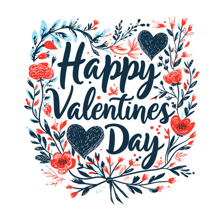 Happy Valentines Day card with hand drawn lettering. Vector illustration.の素材