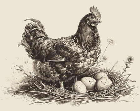 Chicken with eggs in the nest. Vintage engraving illustration.の素材
