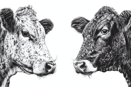 Portrait of Holstein dairy cows, black and white illustration.の素材
