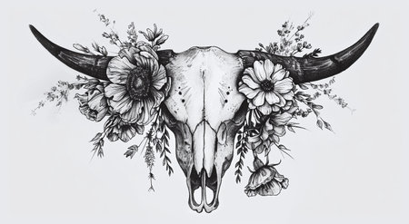 Bull skull with flowers. Hand drawn illustration. Tattoo art.の素材