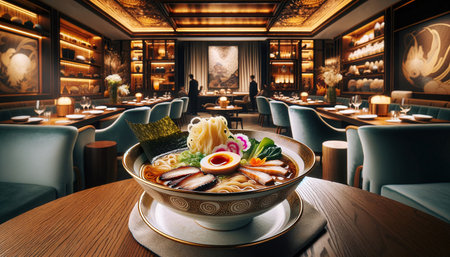 Japanese ramen noodle soup in a restaurant. 3d renderingの素材