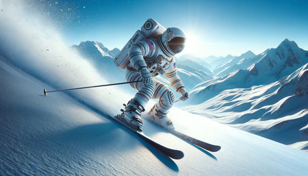 Astronaut skiing downhill in snowy mountains. 3D rendering.の素材
