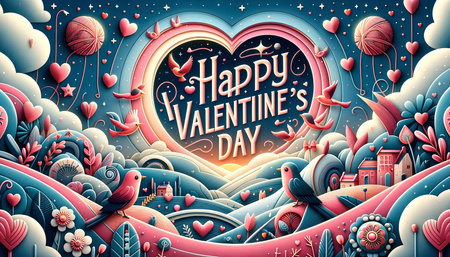 Valentines day greeting card with hearts and birds. Vector illustrationの素材