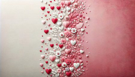 Valentine's day background with white and red hearts on pink backgroundの素材