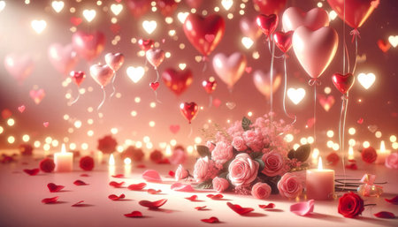 Valentine's Day background with heart-shaped balloons and candlesの素材