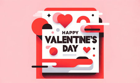 Happy Valentines Day greeting card with red heart on pink background.の素材