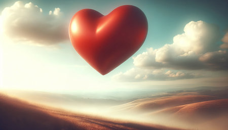 Red heart on the background of a mountain landscape. 3d renderingの素材