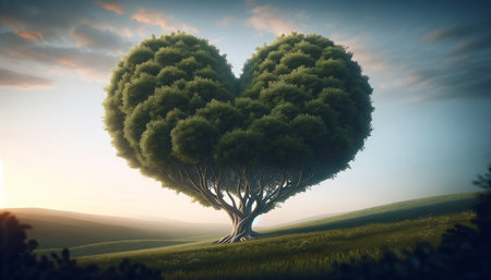 Heart shaped tree in the meadow, 3d render illustration.の素材