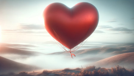 Red heart shaped balloon flying in the sky. 3D Renderingの素材