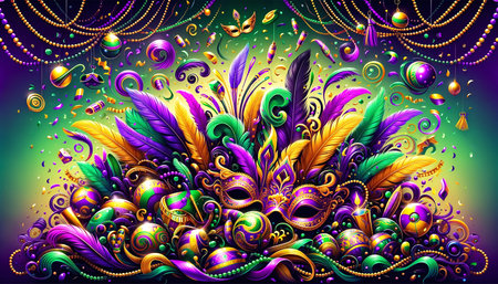 Mardi Gras background with mask, feathers and beads. Vector illustration.の素材