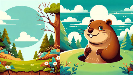 Illustration of a beaver in the forest on a sunny dayの素材