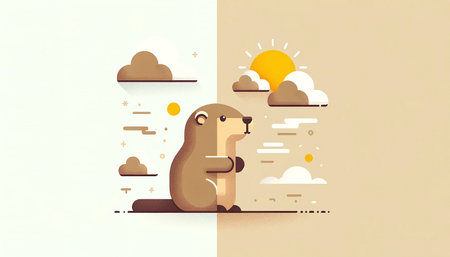Cute beaver sitting on white background with clouds and sun. Vector illustration.の素材