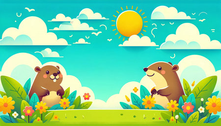 Cute bear and beaver in the meadow, vector illustrationの素材
