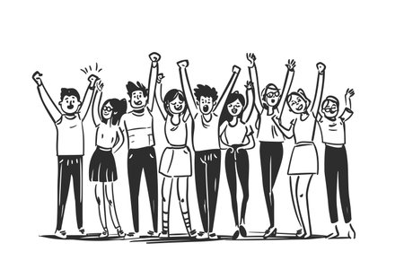 Group of happy people with raised hands. Hand drawn vector illustration.の素材