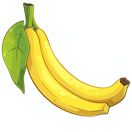Illustration of a bunch of bananas with leaves on a white backgroundの素材