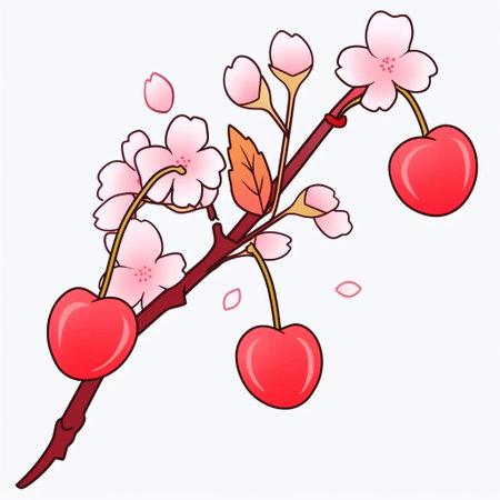 cherry branch with flowers and leaves on white background, vector illustrationの素材
