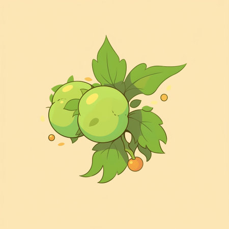 Illustration of a green apple with leaves on a yellow background.の素材