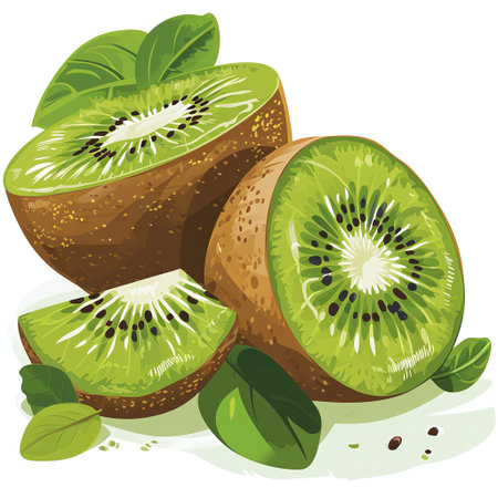 Vector illustration of kiwi with leaves on a white background.の素材