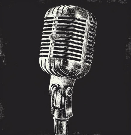 Vintage microphone on a black background. Hand drawn vector illustration.の素材