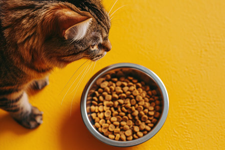 Cute tabby cat eating dry food from bowl on yellow backgroundの素材