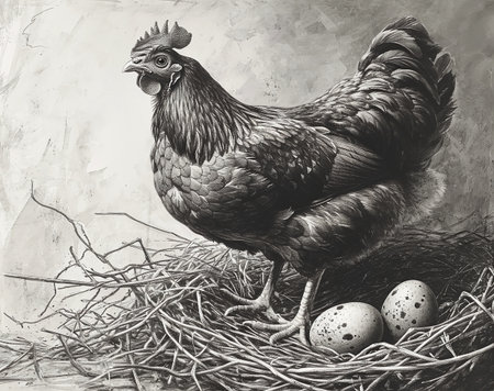 chicken in the nest with eggs on a gray background, drawingの素材