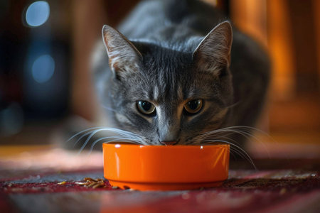 Cat eating from a bowl at home. Selective focus and shallow depth of field.の素材
