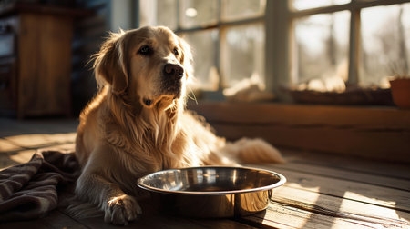 Golden retriever dog at home near the window with a bowl of foodの素材