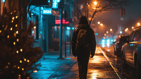 A man with a backpack walks along the street at night in the fog.の素材