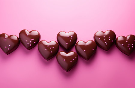 Chocolate hearts on a pink background. 3d render illustration.の素材