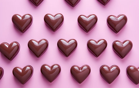 Valentines day background with chocolate hearts on pink background, top viewの素材
