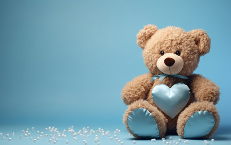 Teddy bear with blue heart and pearls on blue background.の素材