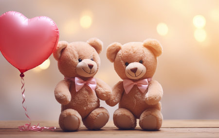 Two teddy bears with heart shaped balloon on wooden table with bokeh backgroundの素材