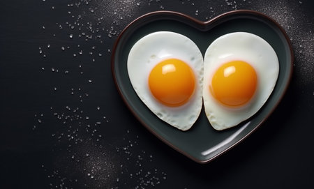 Two fried eggs in a heart-shaped plate on a black backgroundの素材