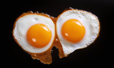 Fried eggs in the shape of a heart on a black backgroundの素材