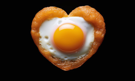 Fried egg in the shape of a heart on a black backgroundの素材