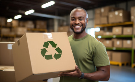 Portrait of smiling man holding cardboard box with recycle sign in warehouseの素材