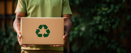 Man holding a cardboard box with recycle symbol. Recycling conceptの素材