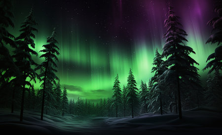 Northern lights in the night sky above the forest. 3d renderingの素材