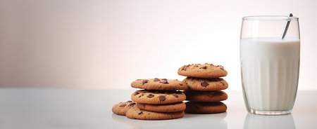Chocolate chip cookies and a glass of milk on a white backgroundの素材