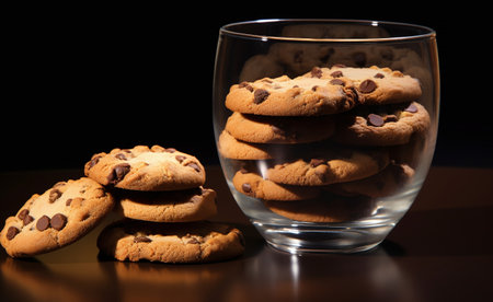 Chocolate chip cookies in a glass of water on a black backgroundの素材
