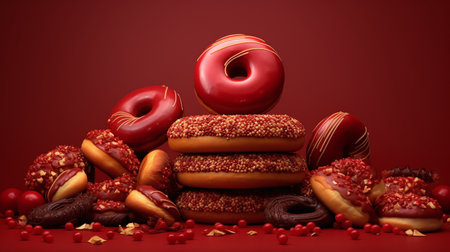 donuts with chocolate glaze and sprinkles on a red backgroundの素材