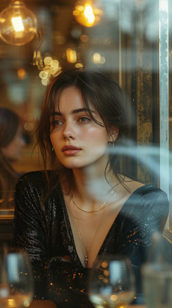 Portrait of a beautiful young girl in a black dress sitting in a cafe.の素材