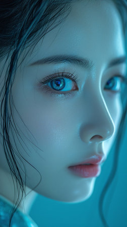 Close-up portrait of a beautiful young woman with blue eyes.の素材