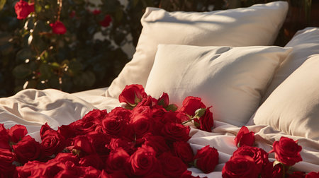 Wedding bouquet of red roses on a bed in a gardenの素材