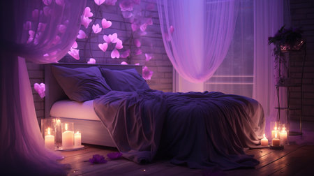 Romantic bedroom with a bed and candles. 3D rendering.の素材